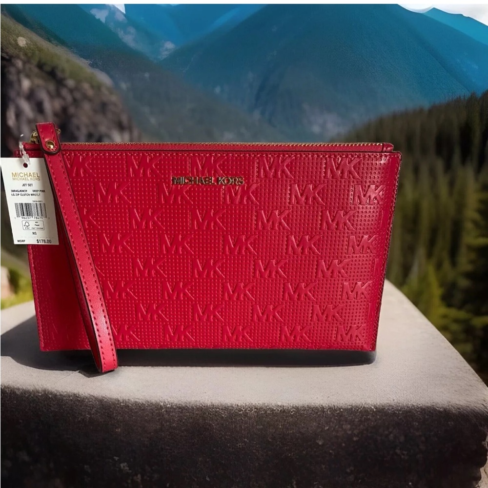 NWT Michael Kors Jet Set Large Zip Clutch Wristlet Deep Pink